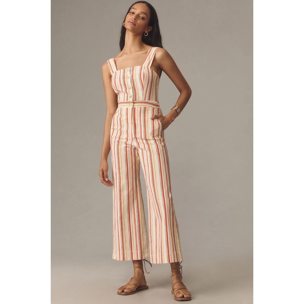 Maeve Anthropologie The Colette Striped Wide Leg Jumpsuit Orange Yellow US 4